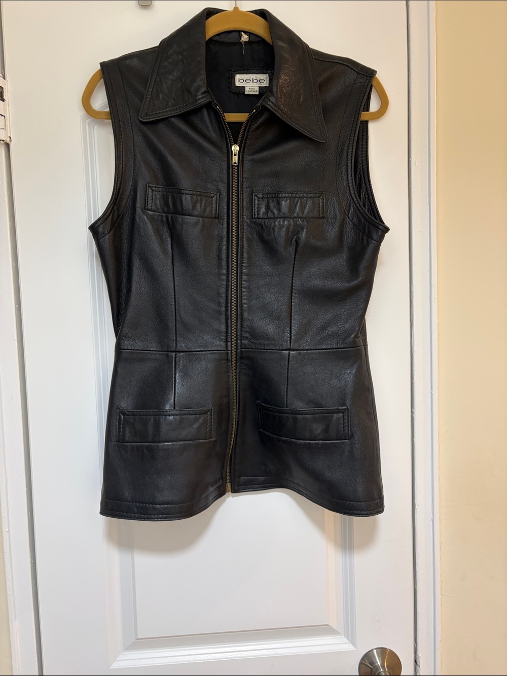 Bebe Vintage Black Leather Sleeveless Zip Vest